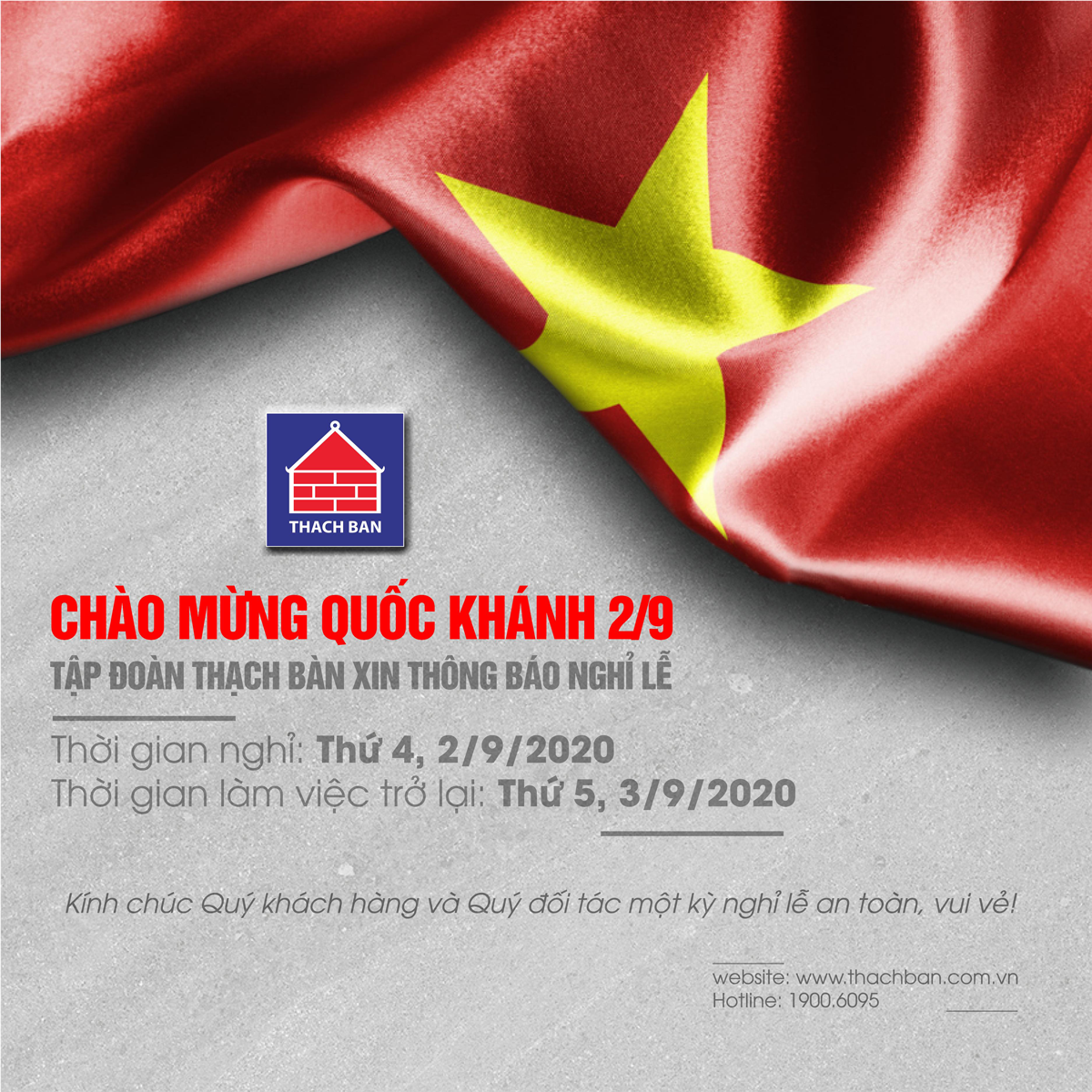 Tập đoàn Thạch Bàn thông báo lịch nghỉ lễ 02/09/2020